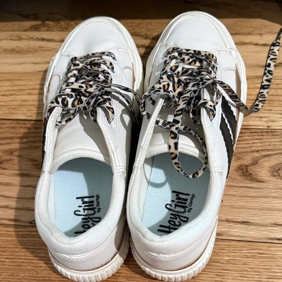 Hey Girl by Corkys White Sneakers with Black Stripes, Leopard Laces - Picture 2 of 4